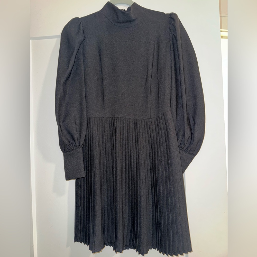 The Kooples Black Pleated Long-Sleeve Mini Dress